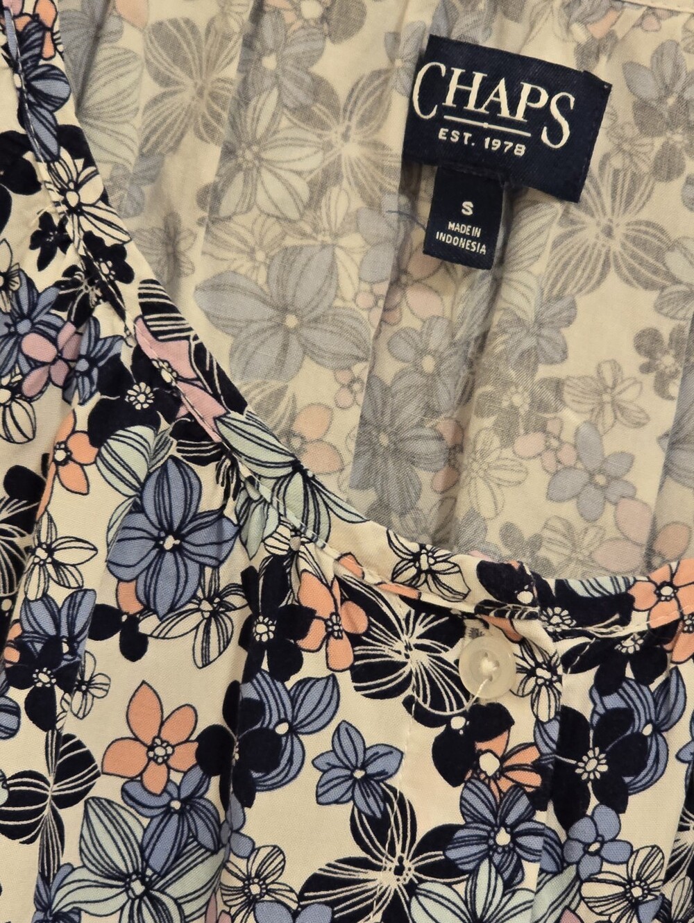Chaps Floral Short Sleeve Lightweight Button Down Blouse in Blue and Pink - Picture 2 of 5